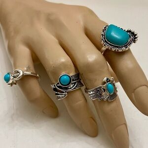 Vintage, 4pc Silver Tone- Faux Turquoise Rings (E)